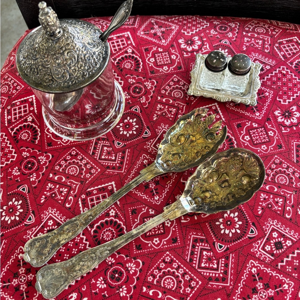Silver Plated Collection Sugar Bowl w/Spoon Serving Spoins Salt/Pepper Shakers